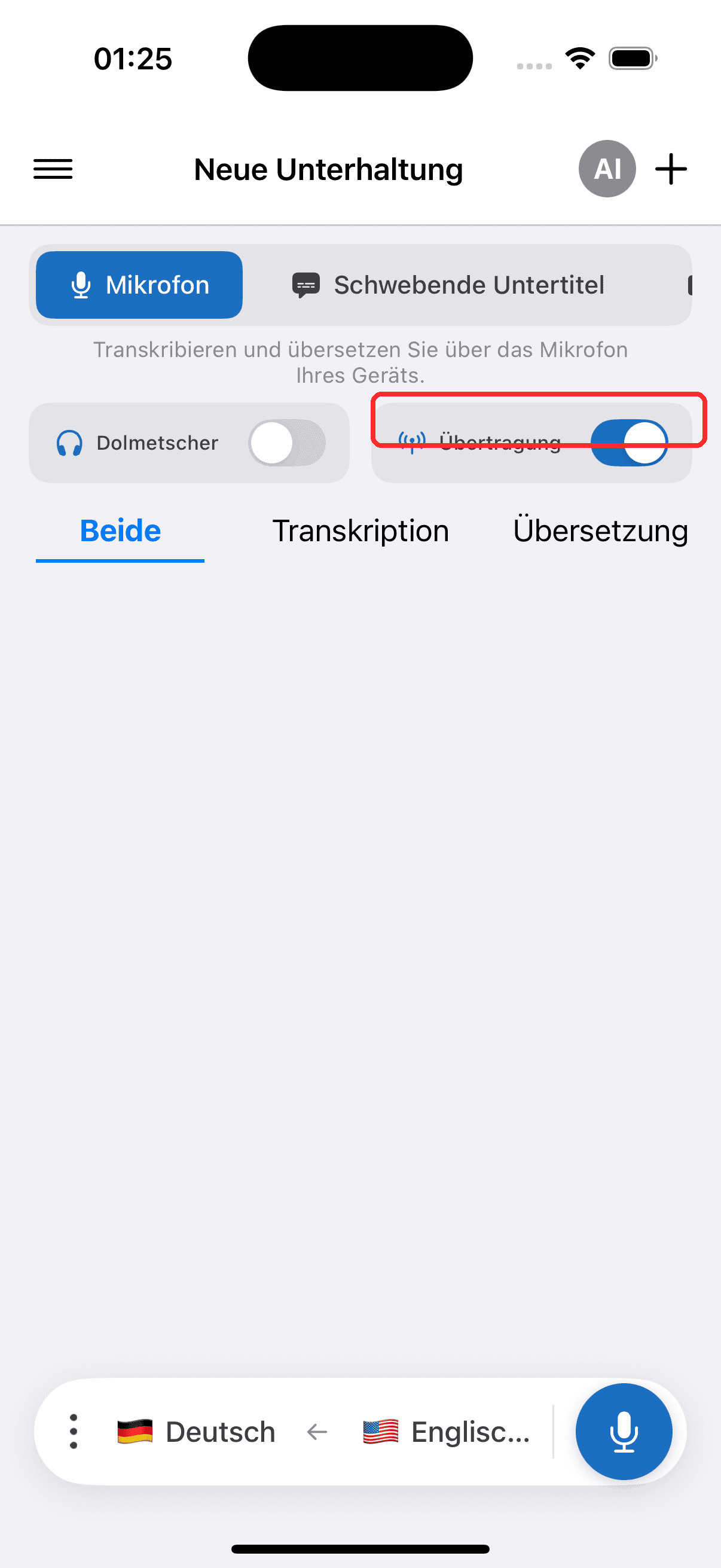 Turning on the Broadcast toggle on iPhone