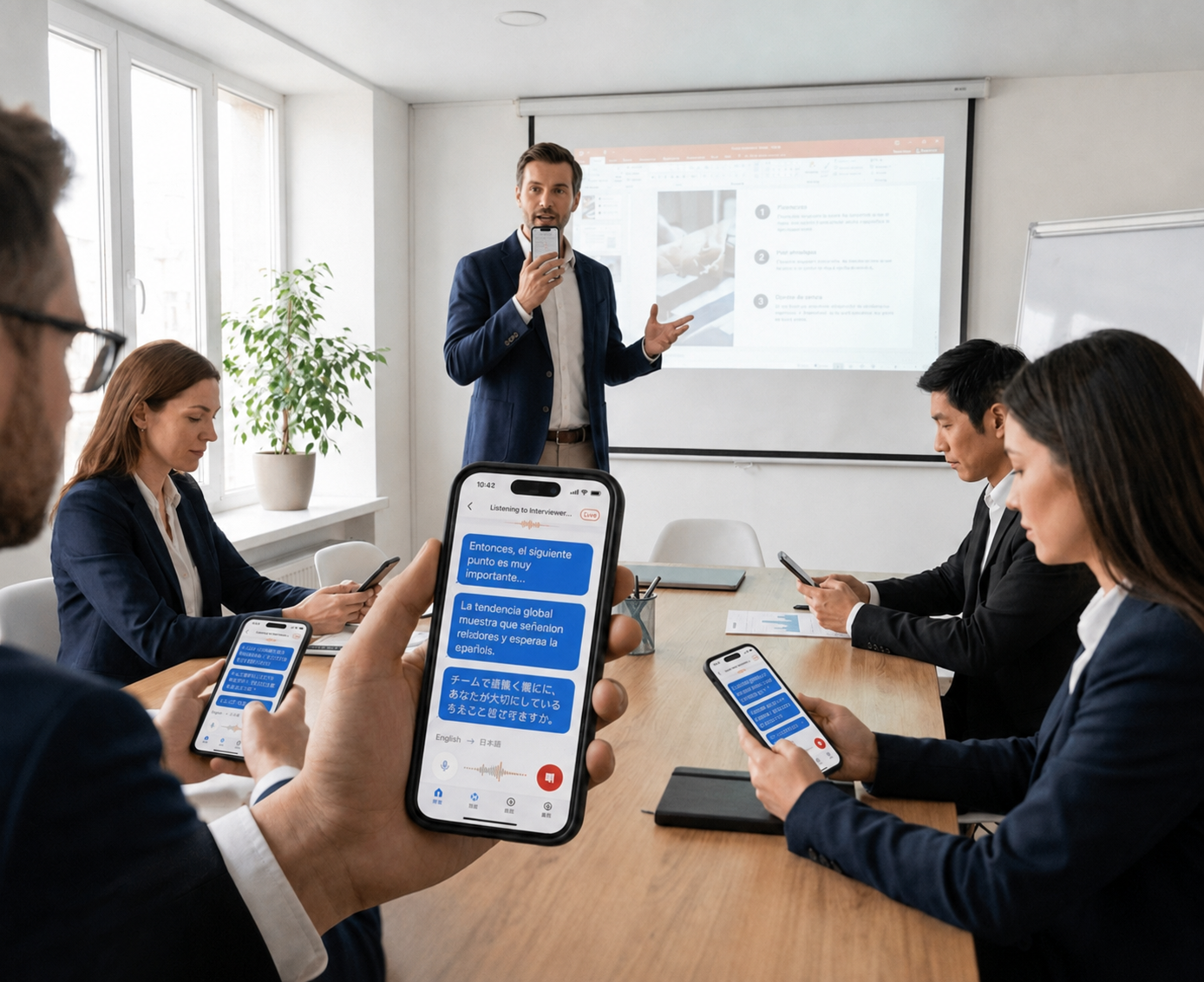A presenter speaking to a room while each listener follows the live translation of the speaker's voice on their own phone