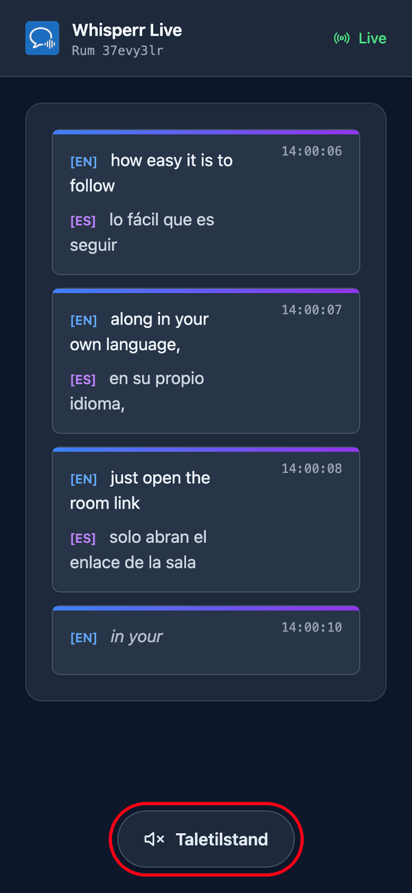 The room page as a viewer sees it on a phone, with live transcription and translation and the Speech mode button at the bottom
