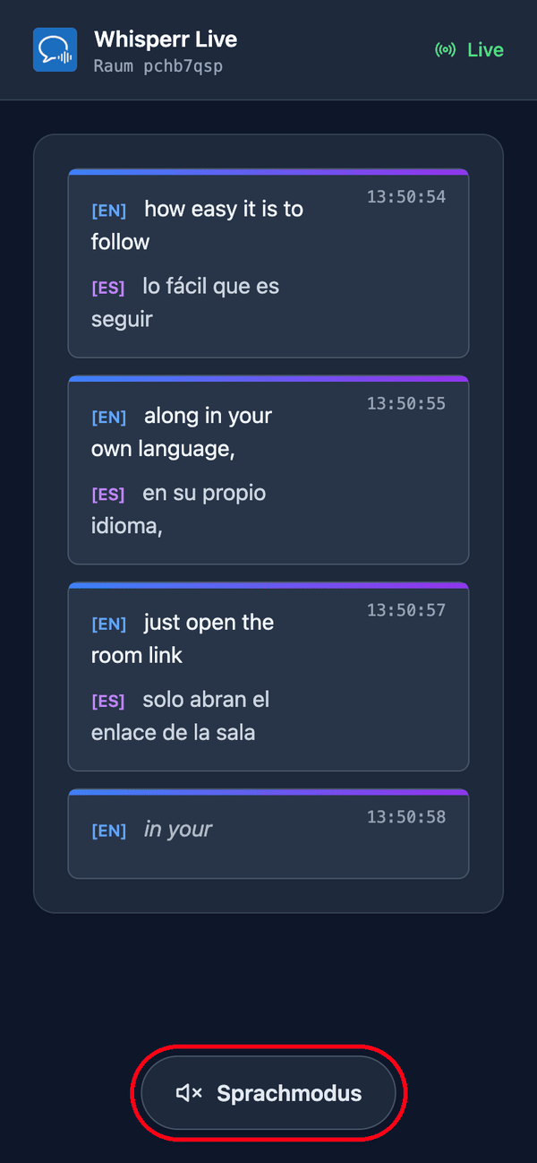 The room page as a viewer sees it on a phone, with live transcription and translation and the Speech mode button at the bottom
