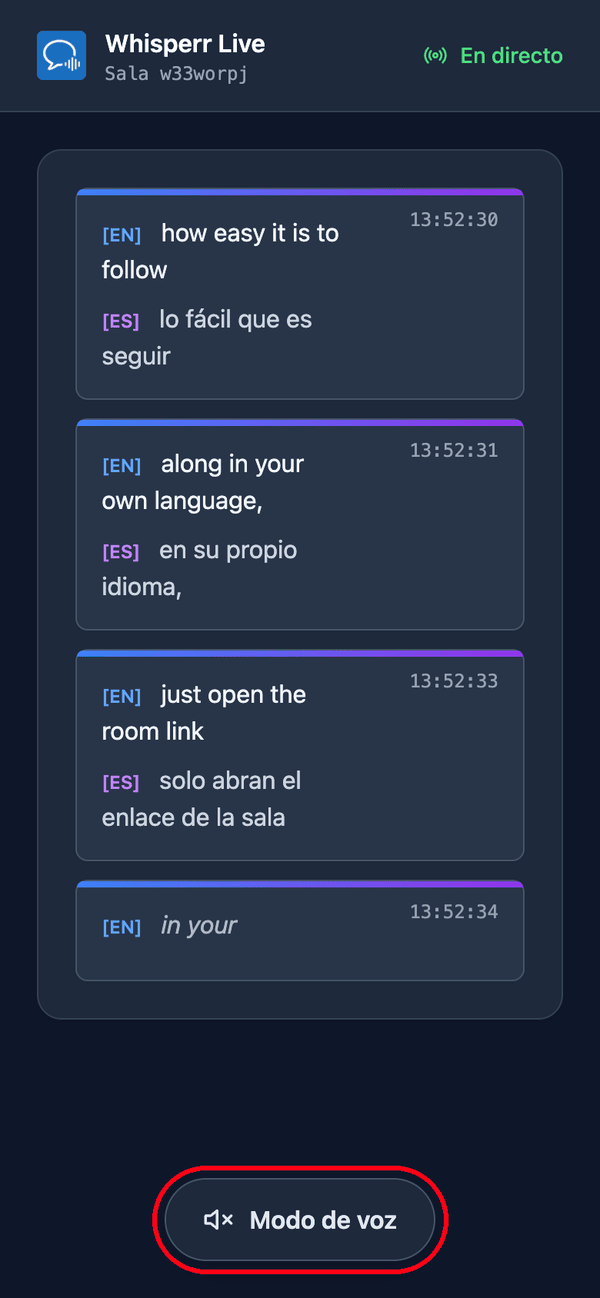 The room page as a viewer sees it on a phone, with live transcription and translation and the Speech mode button at the bottom