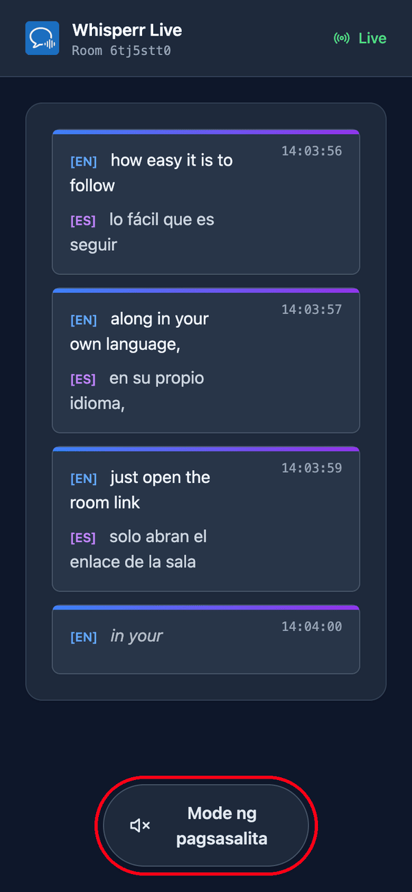 The room page as a viewer sees it on a phone, with live transcription and translation and the Speech mode button at the bottom