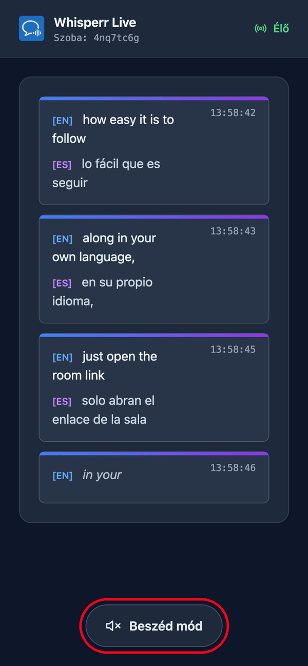 The room page as a viewer sees it on a phone, with live transcription and translation and the Speech mode button at the bottom