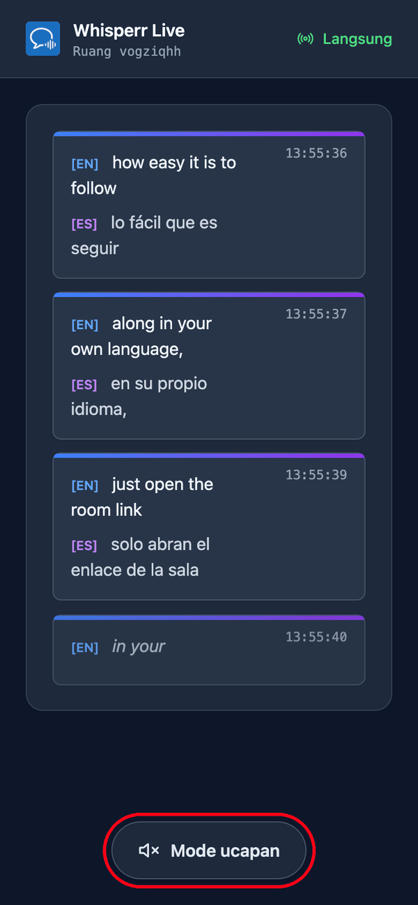 The room page as a viewer sees it on a phone, with live transcription and translation and the Speech mode button at the bottom