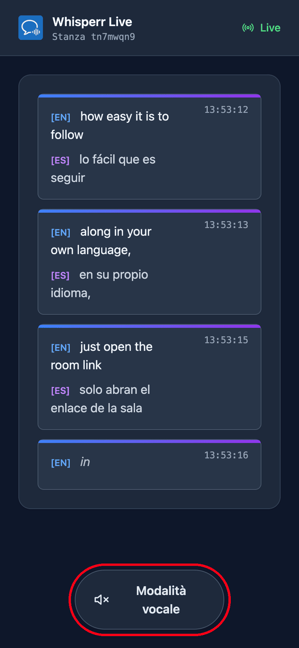 The room page as a viewer sees it on a phone, with live transcription and translation and the Speech mode button at the bottom