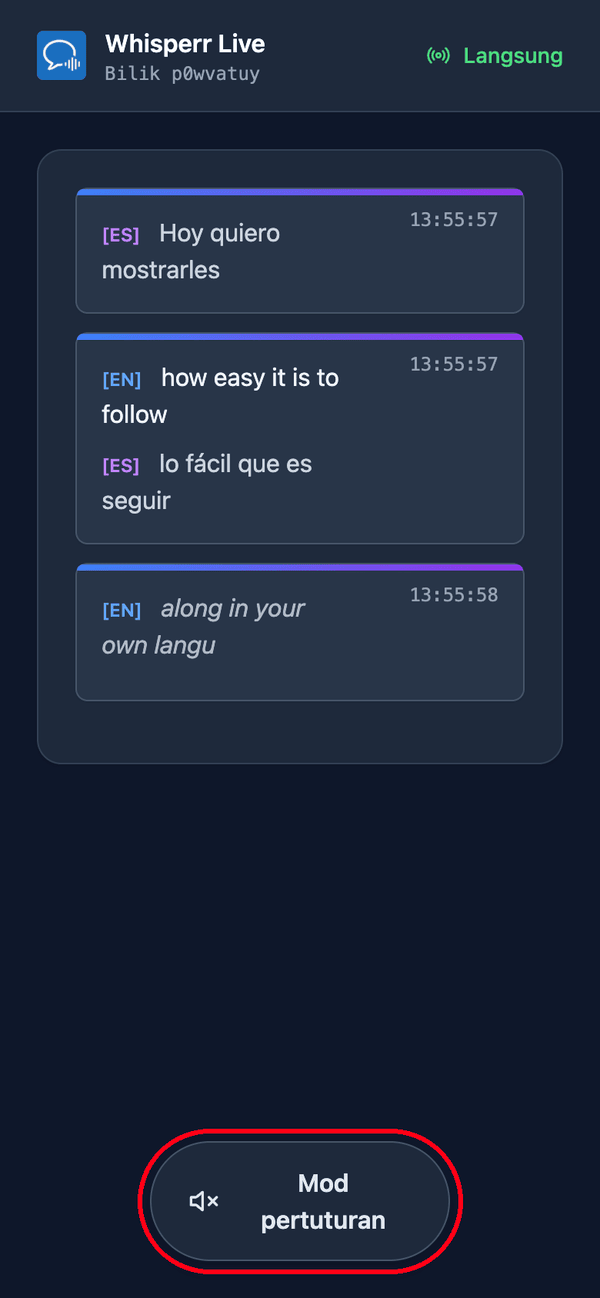 The room page as a viewer sees it on a phone, with live transcription and translation and the Speech mode button at the bottom