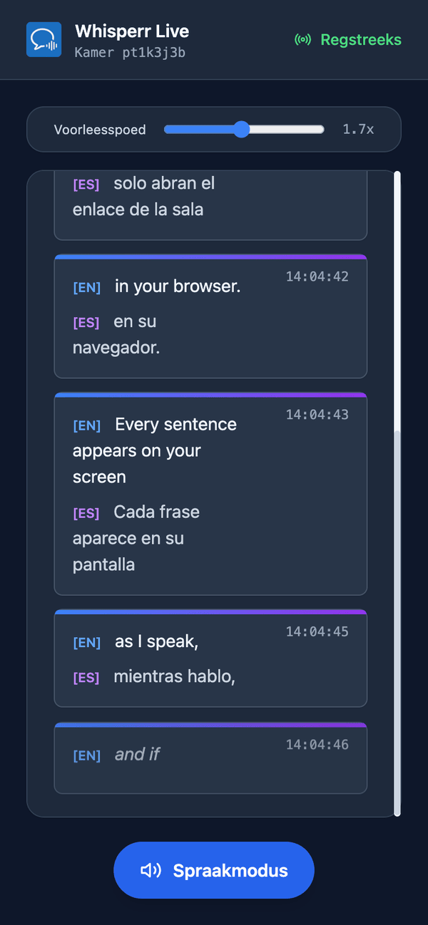 Speech mode turned on in the room on a phone, with the Speaking speed slider shown above the transcript