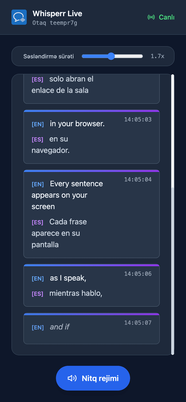 Speech mode turned on in the room on a phone, with the Speaking speed slider shown above the transcript