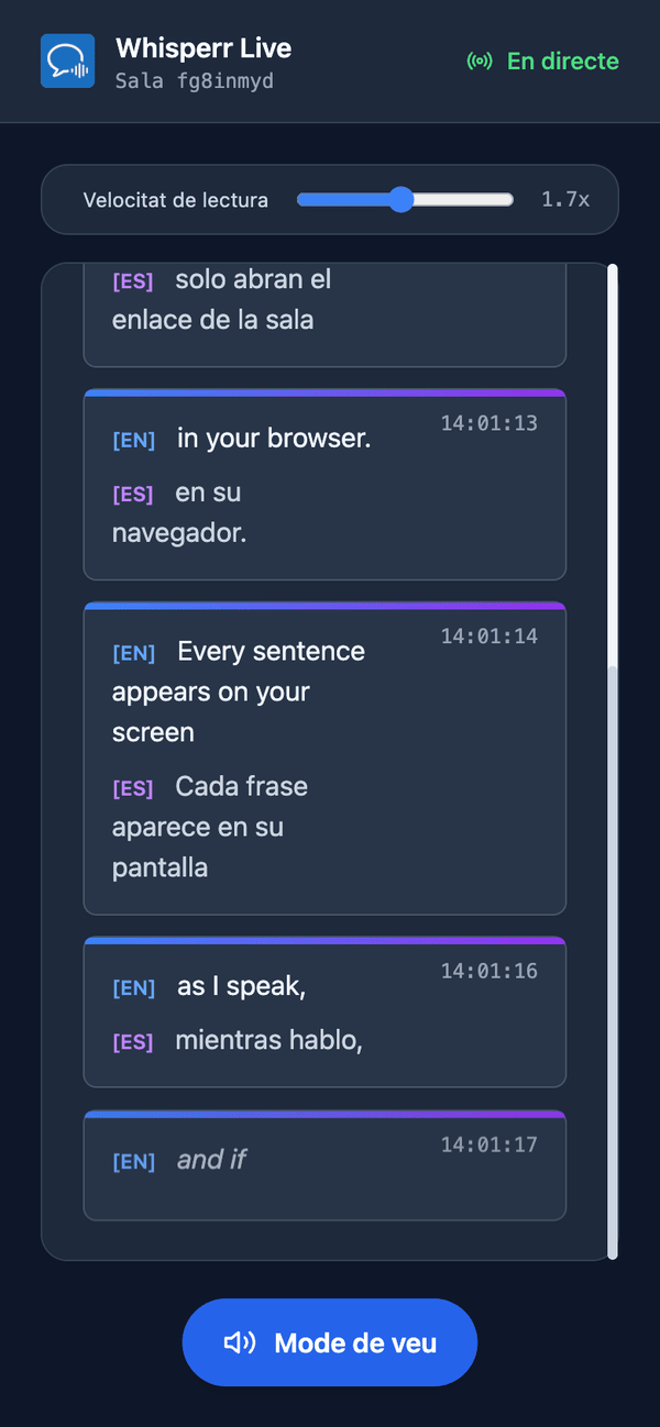 Speech mode turned on in the room on a phone, with the Speaking speed slider shown above the transcript