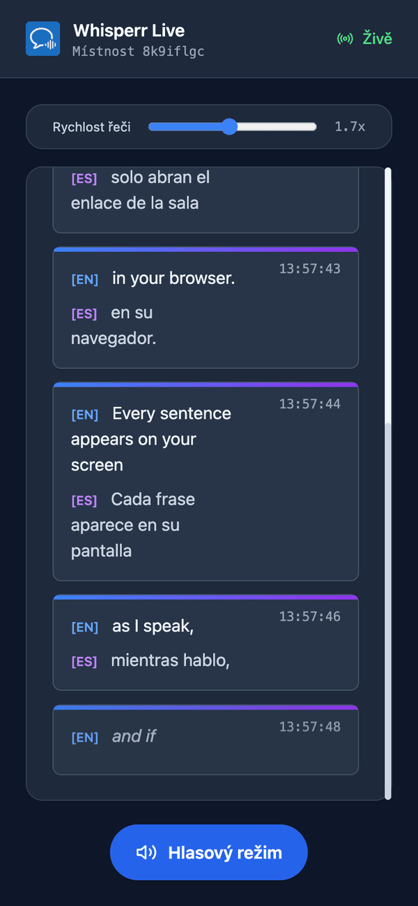 Speech mode turned on in the room on a phone, with the Speaking speed slider shown above the transcript