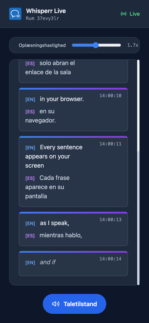 Speech mode turned on in the room on a phone, with the Speaking speed slider shown above the transcript