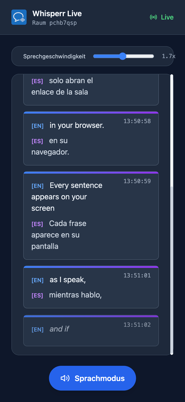 Speech mode turned on in the room on a phone, with the Speaking speed slider shown above the transcript