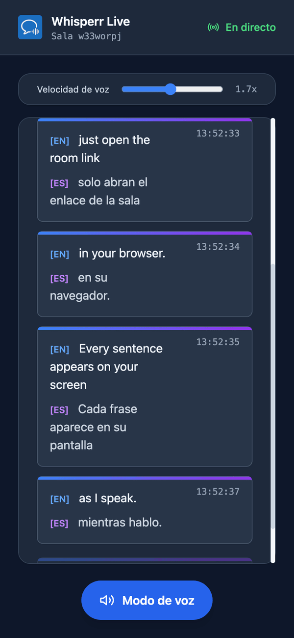 Speech mode turned on in the room on a phone, with the Speaking speed slider shown above the transcript