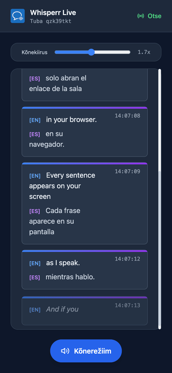 Speech mode turned on in the room on a phone, with the Speaking speed slider shown above the transcript