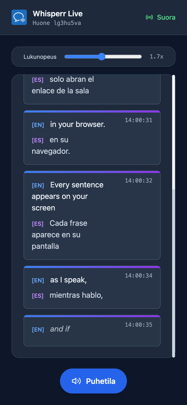 Speech mode turned on in the room on a phone, with the Speaking speed slider shown above the transcript