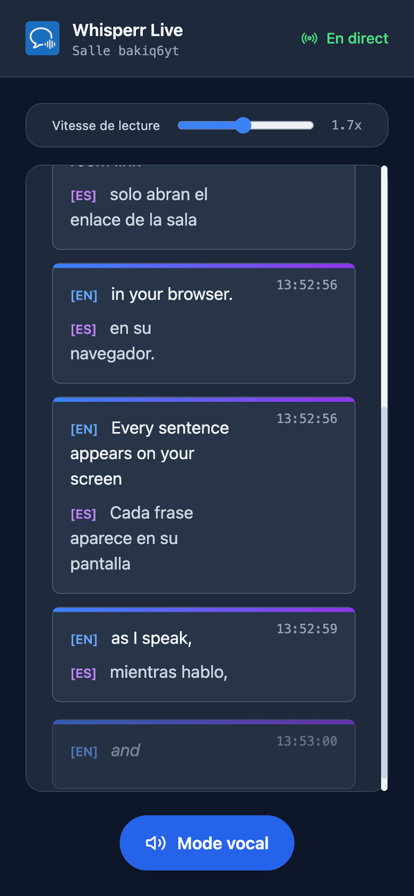 Speech mode turned on in the room on a phone, with the Speaking speed slider shown above the transcript