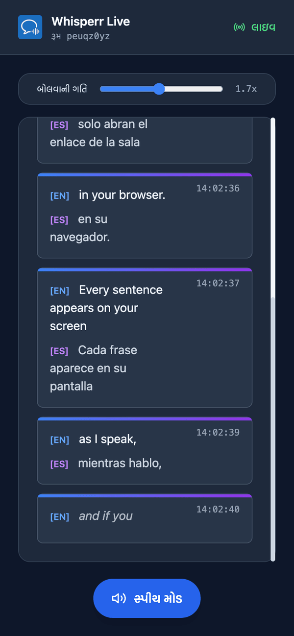 Speech mode turned on in the room on a phone, with the Speaking speed slider shown above the transcript