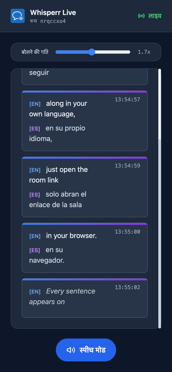 Speech mode turned on in the room on a phone, with the Speaking speed slider shown above the transcript