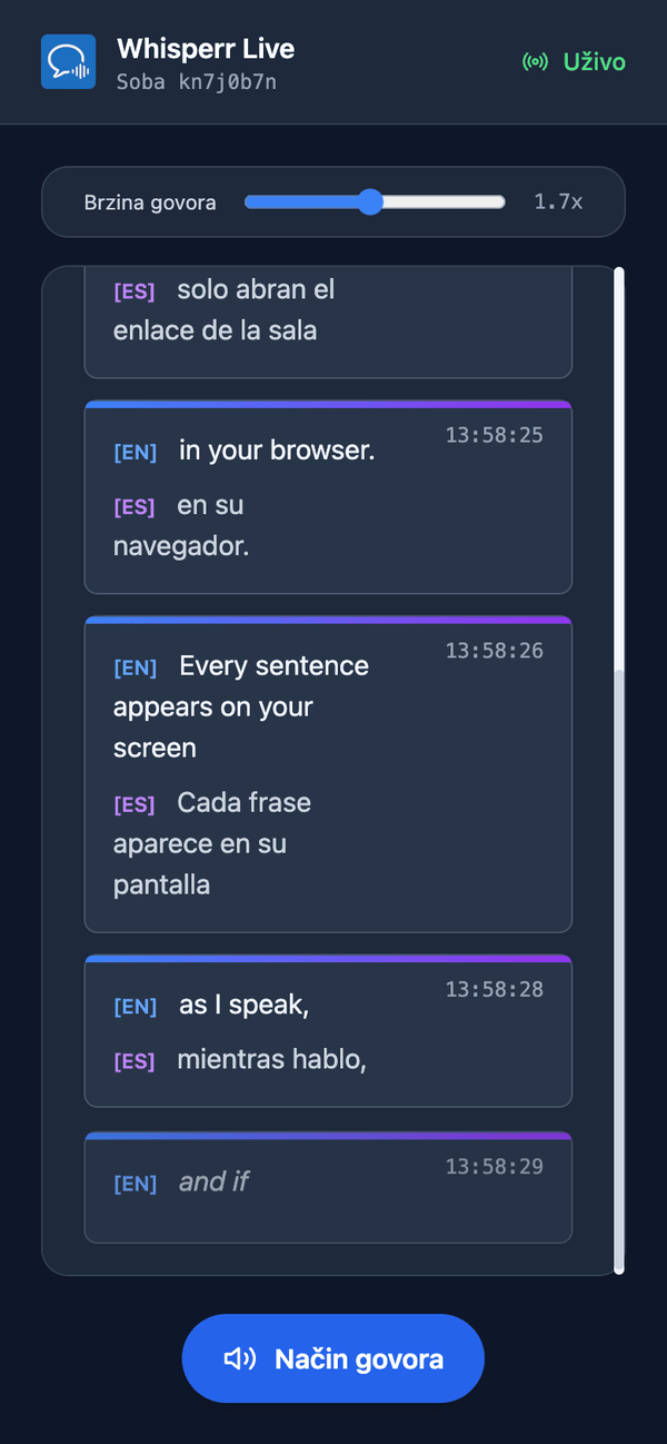 Speech mode turned on in the room on a phone, with the Speaking speed slider shown above the transcript