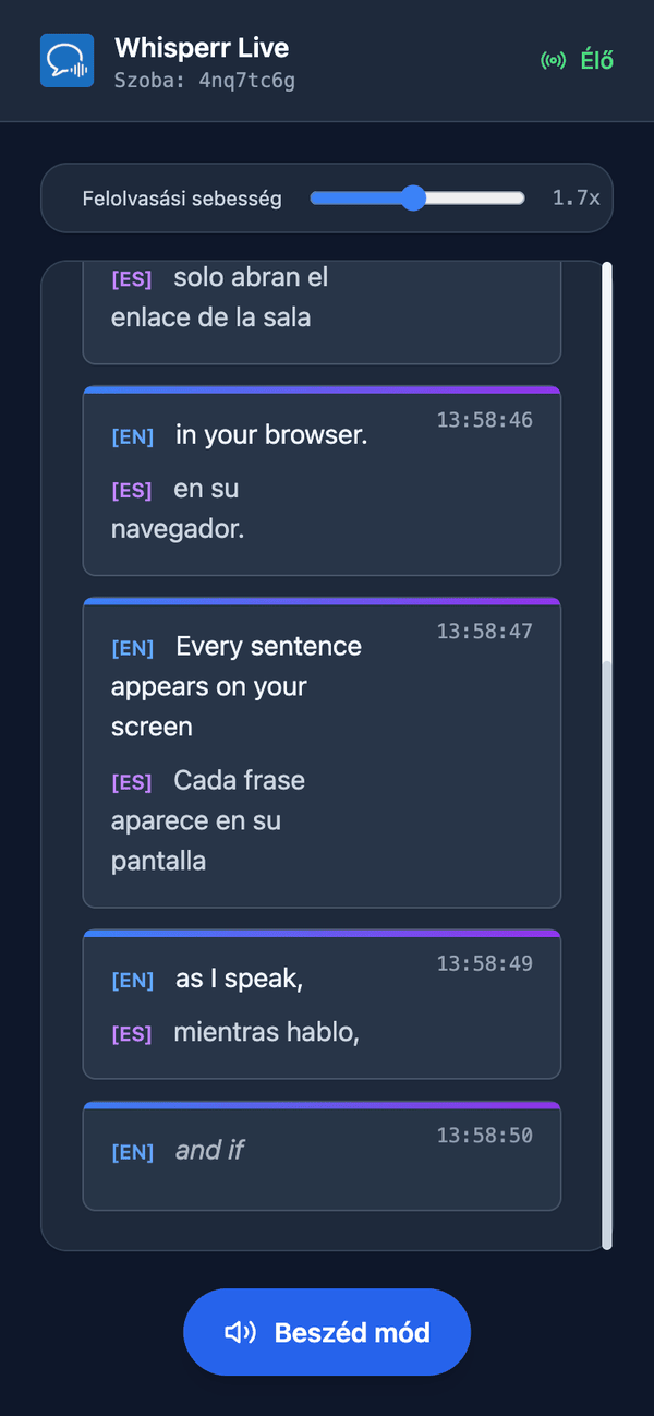 Speech mode turned on in the room on a phone, with the Speaking speed slider shown above the transcript