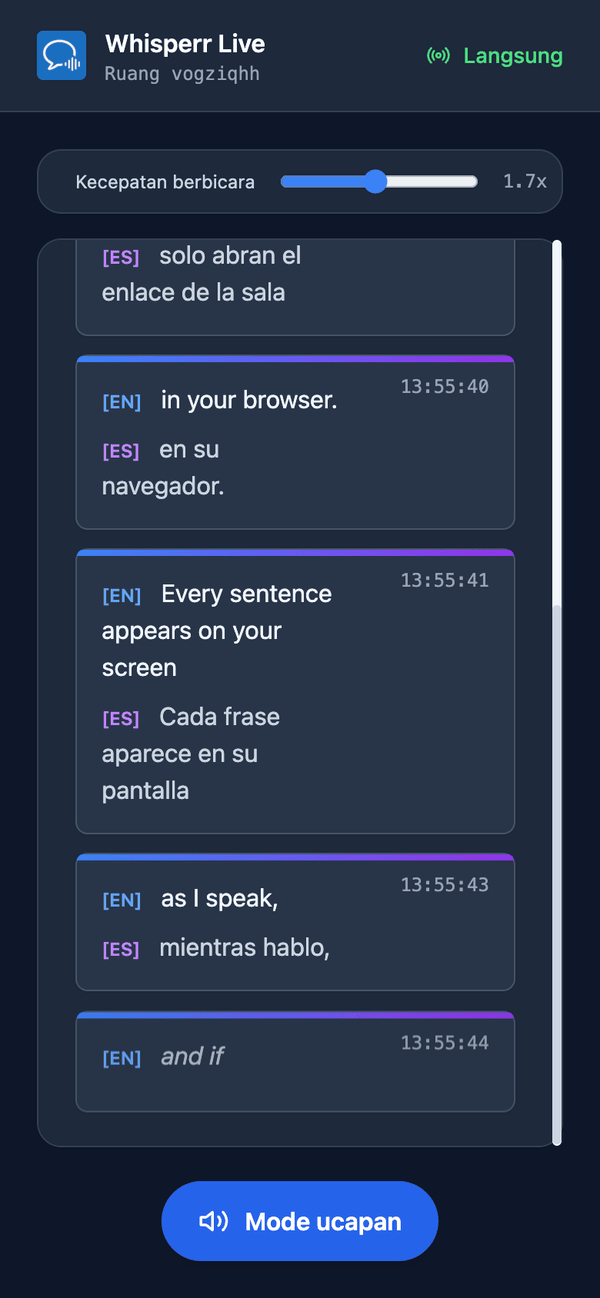 Speech mode turned on in the room on a phone, with the Speaking speed slider shown above the transcript
