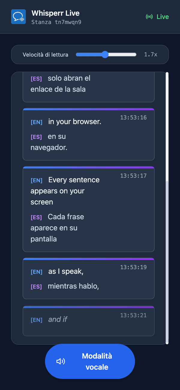 Speech mode turned on in the room on a phone, with the Speaking speed slider shown above the transcript