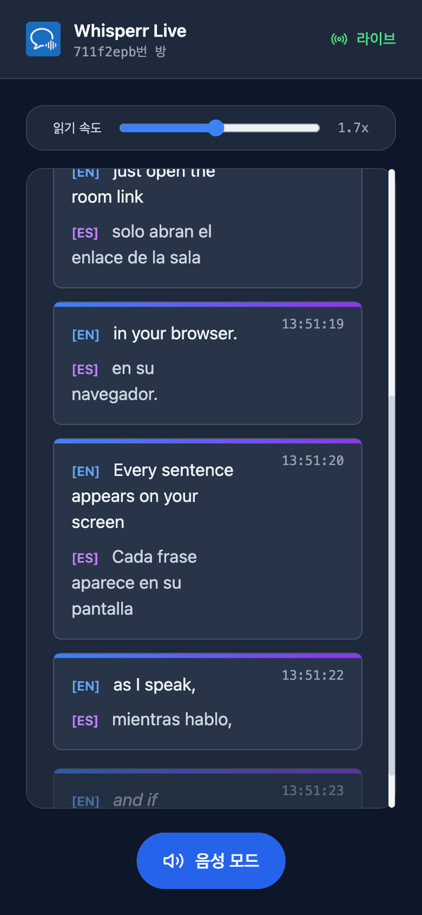 Speech mode turned on in the room on a phone, with the Speaking speed slider shown above the transcript