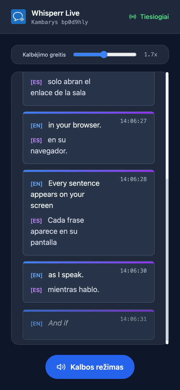 Speech mode turned on in the room on a phone, with the Speaking speed slider shown above the transcript