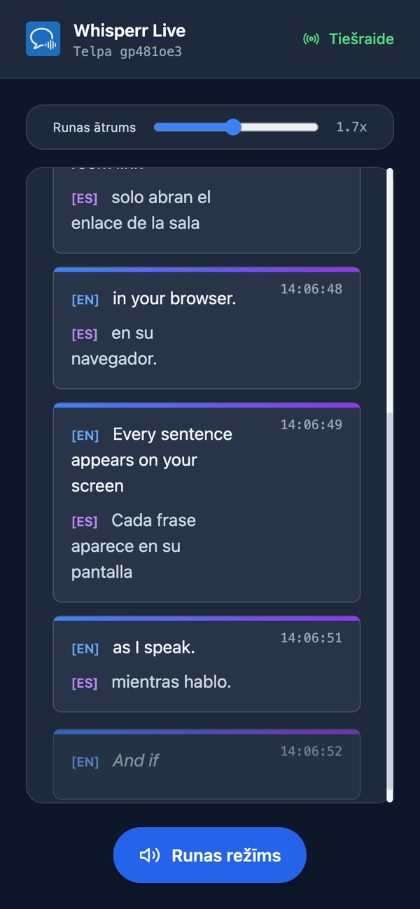 Speech mode turned on in the room on a phone, with the Speaking speed slider shown above the transcript