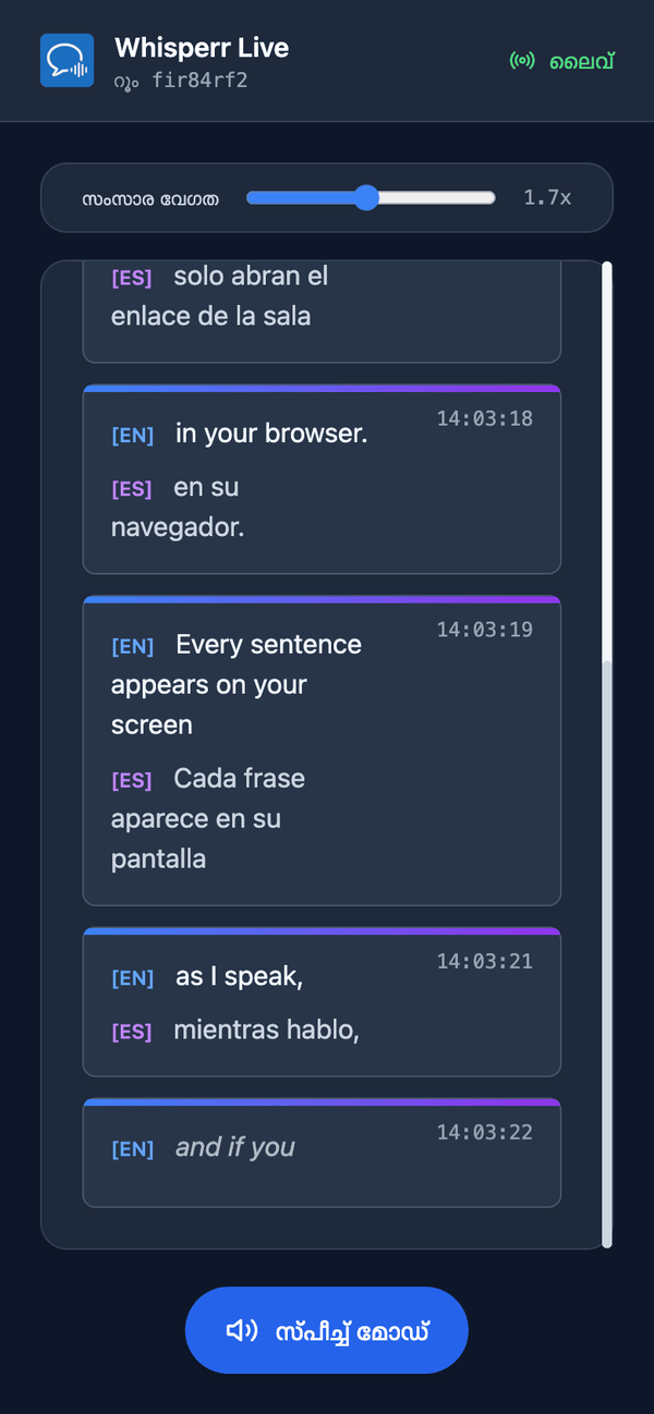 Speech mode turned on in the room on a phone, with the Speaking speed slider shown above the transcript