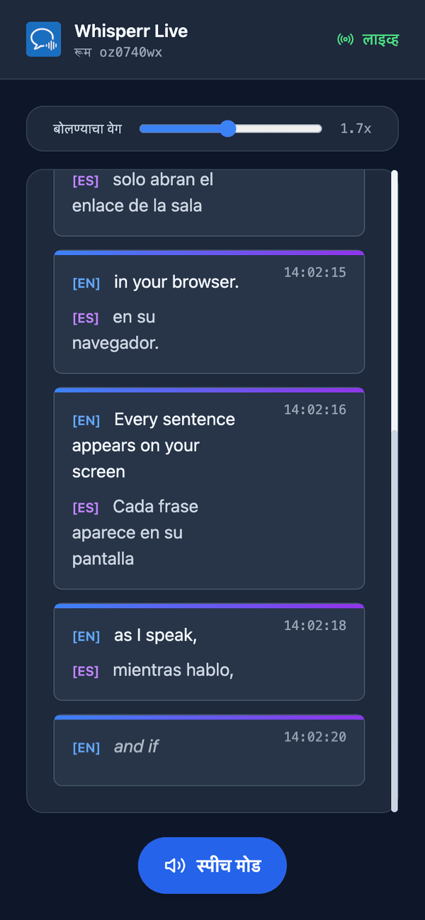 Speech mode turned on in the room on a phone, with the Speaking speed slider shown above the transcript