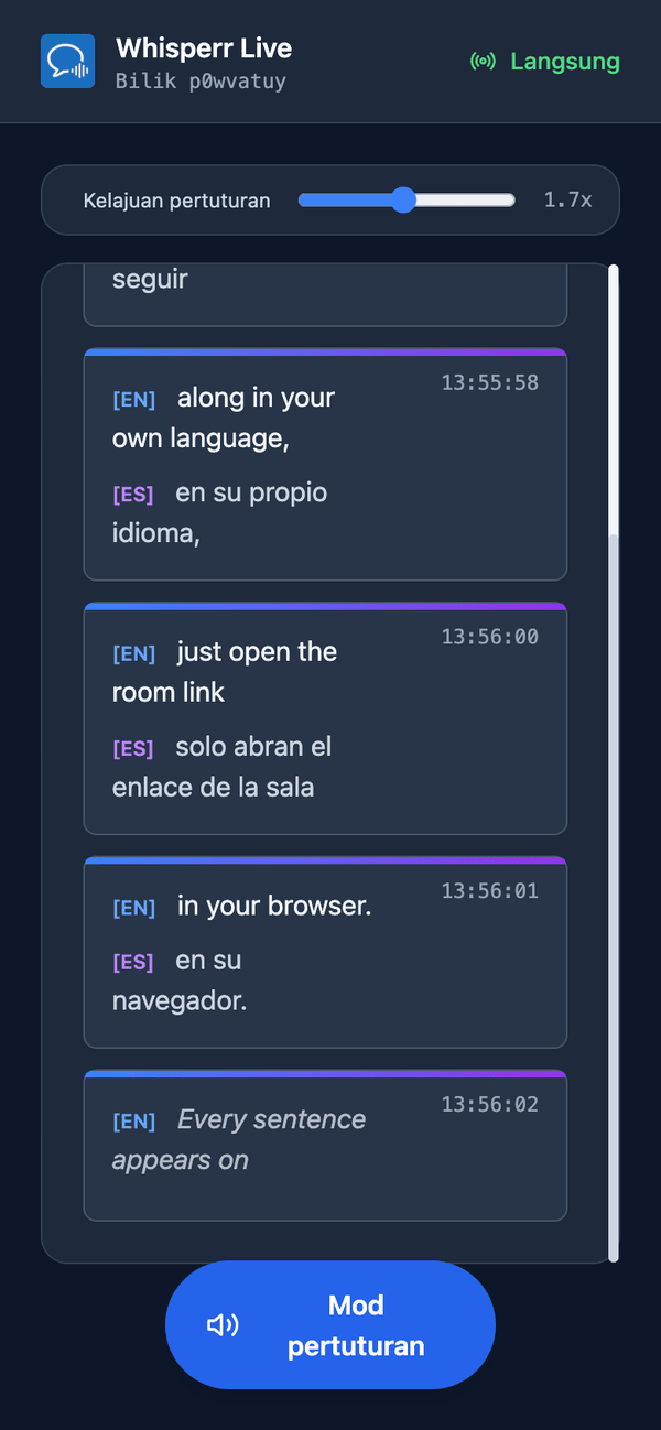 Speech mode turned on in the room on a phone, with the Speaking speed slider shown above the transcript