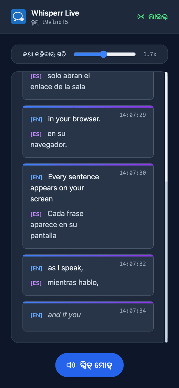 Speech mode turned on in the room on a phone, with the Speaking speed slider shown above the transcript