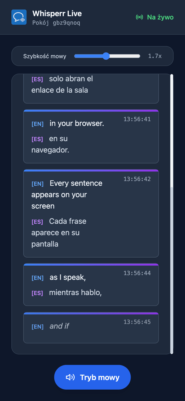 Speech mode turned on in the room on a phone, with the Speaking speed slider shown above the transcript
