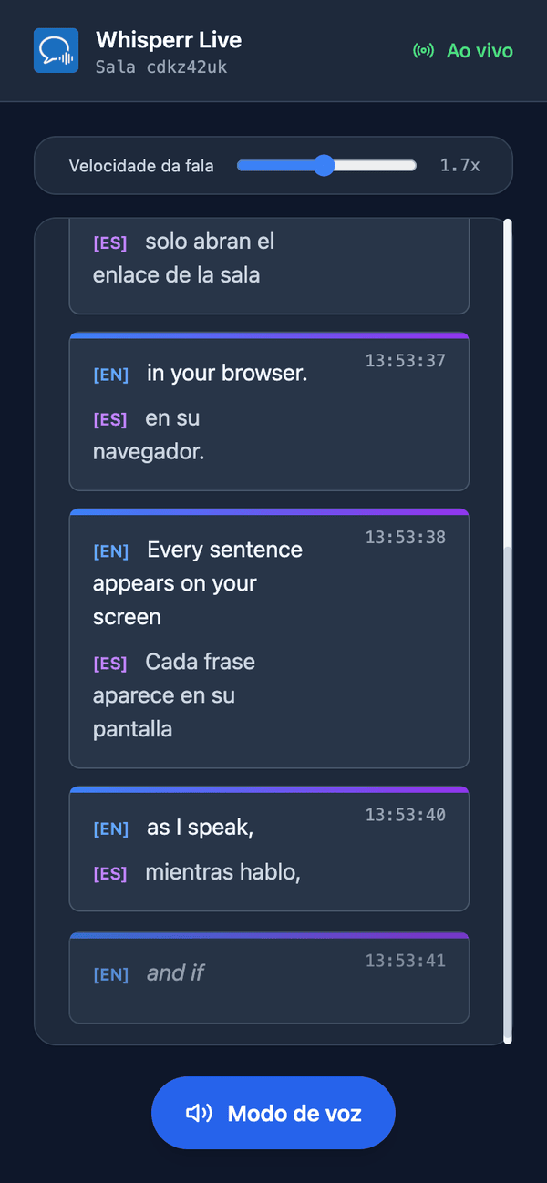 Speech mode turned on in the room on a phone, with the Speaking speed slider shown above the transcript