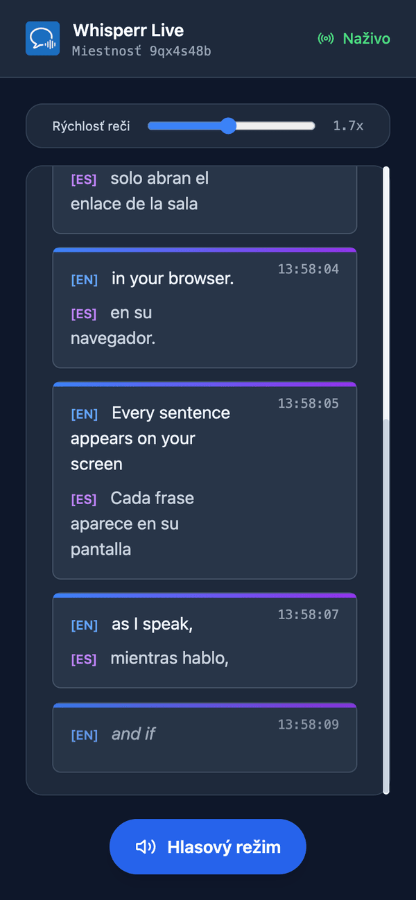 Speech mode turned on in the room on a phone, with the Speaking speed slider shown above the transcript