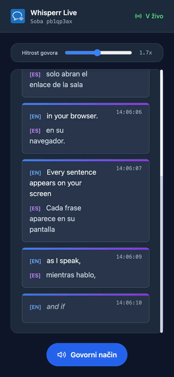 Speech mode turned on in the room on a phone, with the Speaking speed slider shown above the transcript