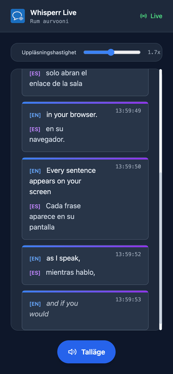 Speech mode turned on in the room on a phone, with the Speaking speed slider shown above the transcript