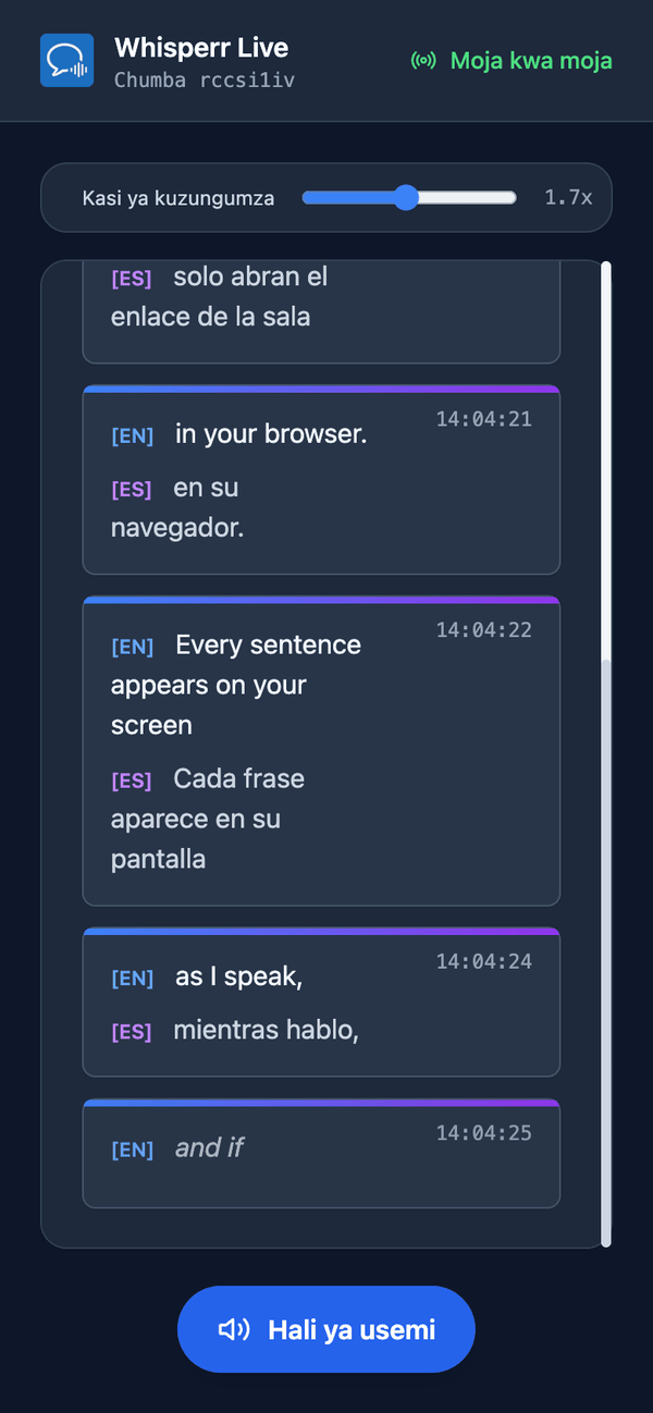 Speech mode turned on in the room on a phone, with the Speaking speed slider shown above the transcript