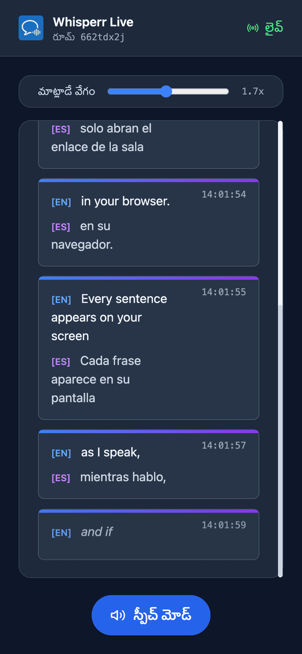 Speech mode turned on in the room on a phone, with the Speaking speed slider shown above the transcript