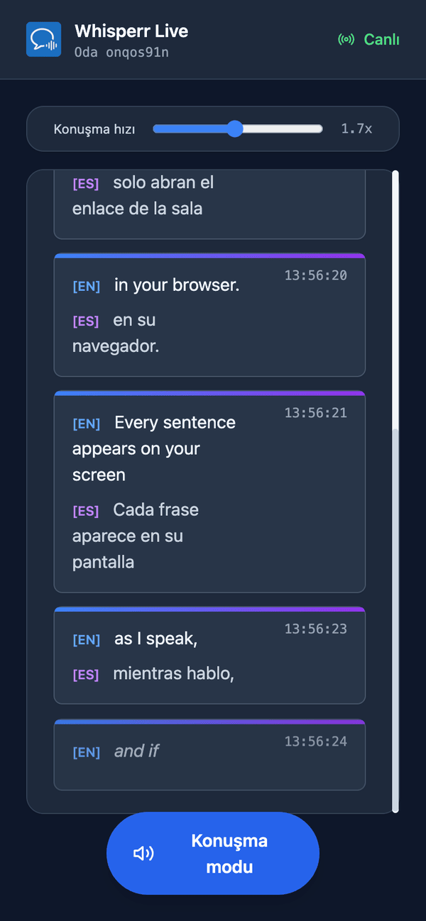 Speech mode turned on in the room on a phone, with the Speaking speed slider shown above the transcript