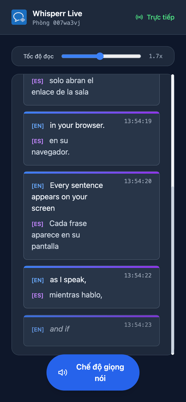 Speech mode turned on in the room on a phone, with the Speaking speed slider shown above the transcript