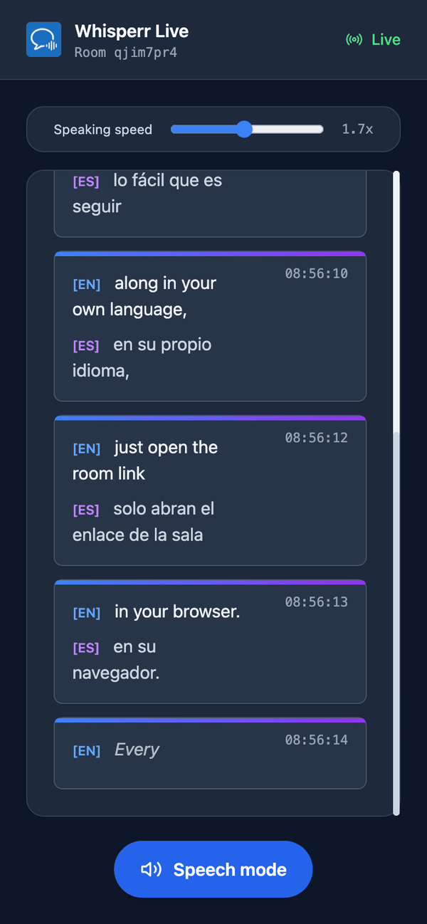 Speech mode turned on in the room on a phone, with the Speaking speed slider shown above the transcript