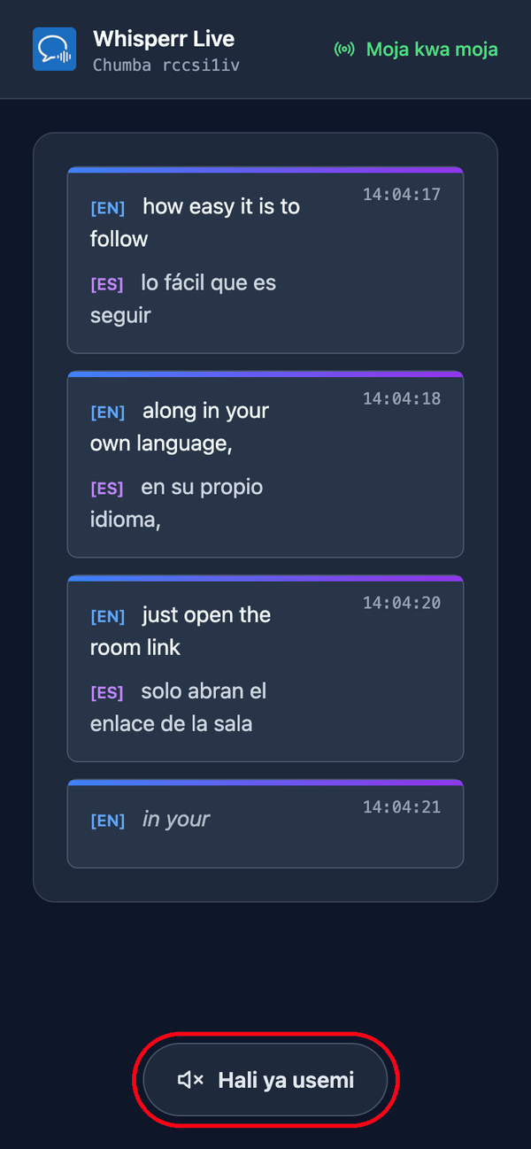 The room page as a viewer sees it on a phone, with live transcription and translation and the Speech mode button at the bottom