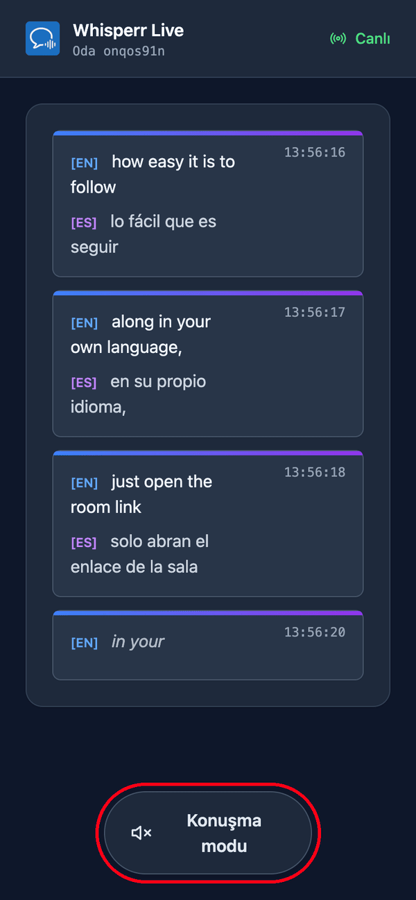 The room page as a viewer sees it on a phone, with live transcription and translation and the Speech mode button at the bottom