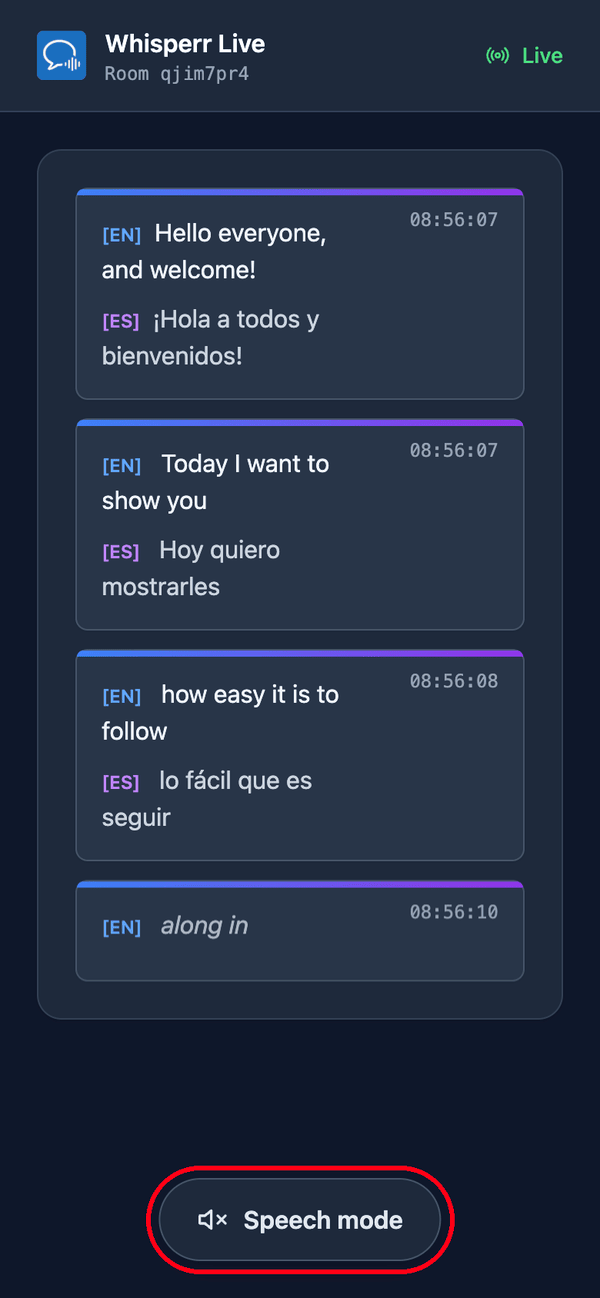 The room page as a viewer sees it on a phone, with live transcription and translation and the Speech mode button at the bottom