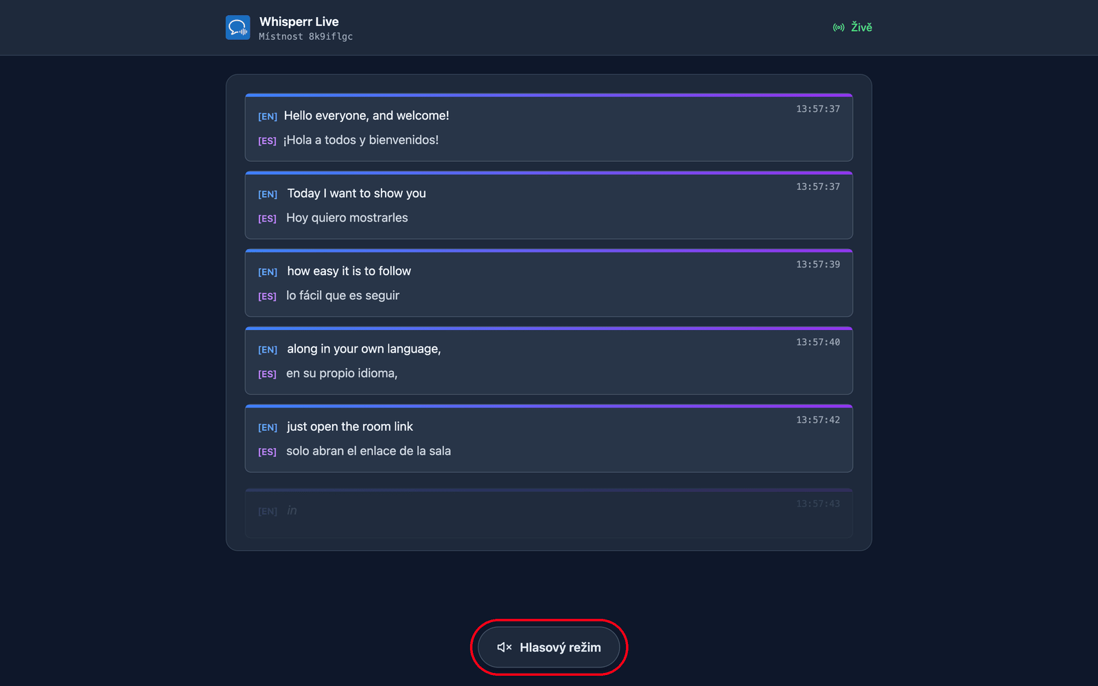 The room page a viewer sees, with live transcription and translation and the Speech mode button at the bottom