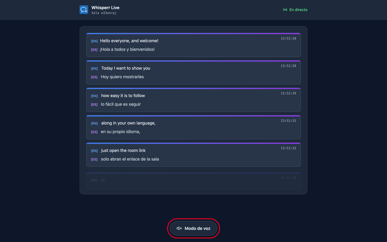 The room page a viewer sees, with live transcription and translation and the Speech mode button at the bottom