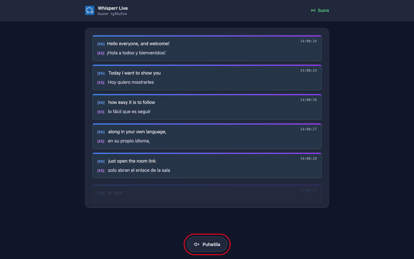 The room page a viewer sees, with live transcription and translation and the Speech mode button at the bottom