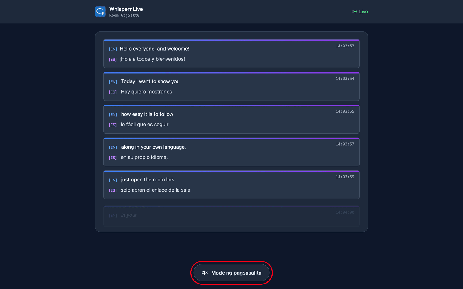 The room page a viewer sees, with live transcription and translation and the Speech mode button at the bottom